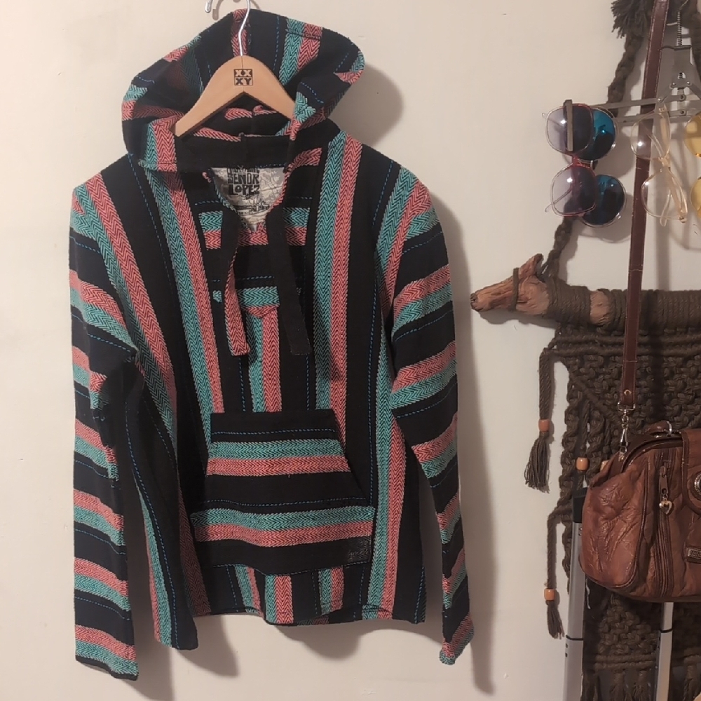 Striped Teal And Coral Pink Multicolor Baja Hoodie
